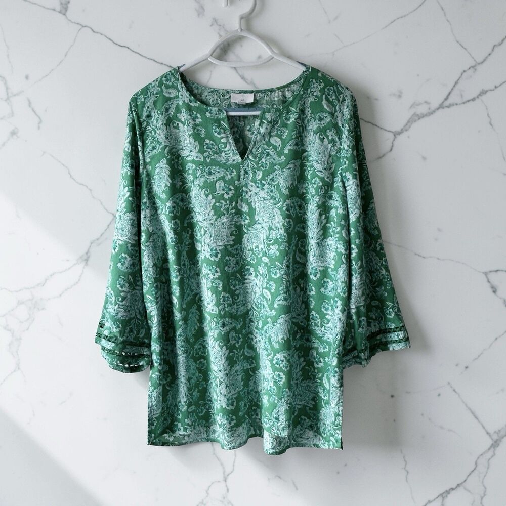 J. Jill Linen-Blend Trimmed Tunic Green Multi Floral Size LP Spring Summer Comfy